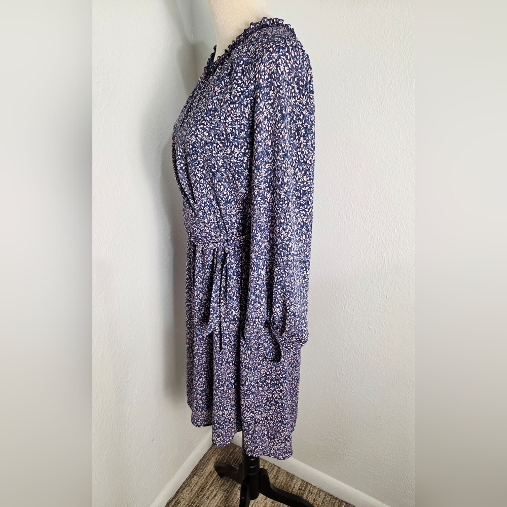 Banana Republic Blue & Pink Floral Ruffle-Neck Dress, Ties on the Side, Size 14 - Picture 8 of 15